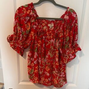 Vibrant Red Floral Women's Blouse